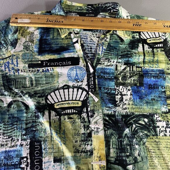 NWT ALI MILES Tunic Blouse Button Paris Roll Tab Long Sleeve Womens L Green Blue - Picture 4 of 13